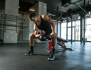 Image showing A muscular male athlete doing workout at the gym