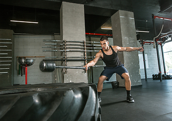 Image showing A muscular male athlete doing workout at the gym