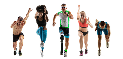 Image showing Creative collage of runners or joggers on white background