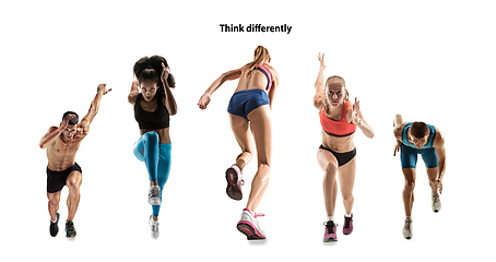 Image showing Creative collage of runners or joggers on white background