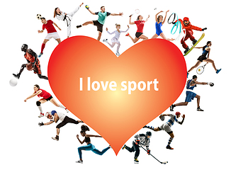 Image showing Creative collage of childrens and adults, I love sport