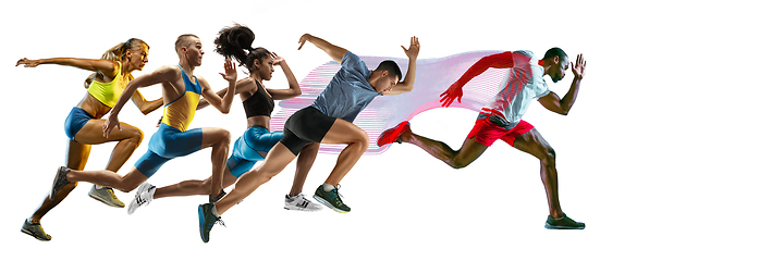 Image showing Creative collage of runners or joggers on white background