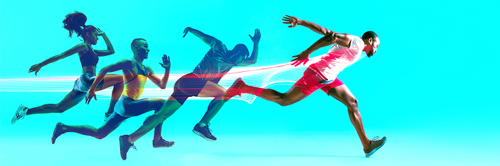 Image showing Creative collage of runners or joggers on blue background