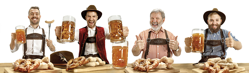 Image showing Collage of men with beer dressed in traditional Austrian or Bavarian costumes