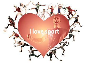 Image showing Creative collage of childrens and adults, I love sport