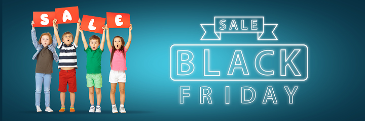 Image showing Black friday, sales concept - childrens with the tables and letters