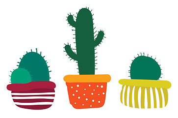 Image showing Set of bright decorated flower pots with cactus plants provides 