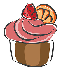 Image showing Cupcake with pink creame and a strawberry on top vector illustra