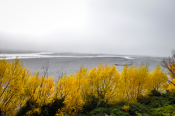 Image showing Mountain river landscape in the fog. New Zealand