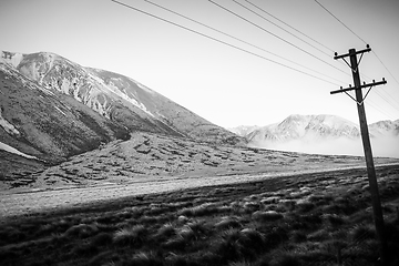 Image showing Mountain fields landscape in New Zealand, black and white