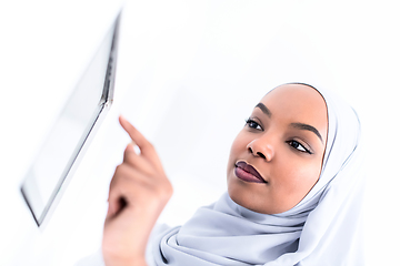 Image showing african woman using smart home screen