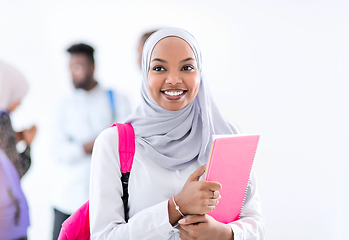 Image showing portrait of african female student with group of friends