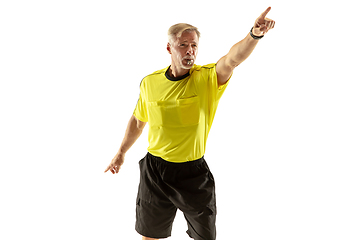 Image showing Football referee gives directions with gestures to players isolated on white background