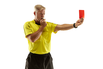 Image showing Football referee showing a red card to a displeased player isolated on white background