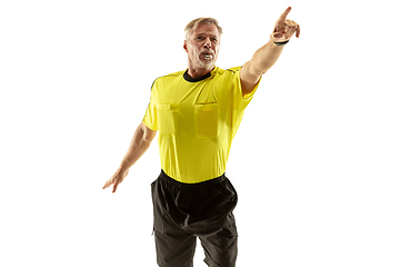 Image showing Football referee gives directions with gestures to players isolated on white background