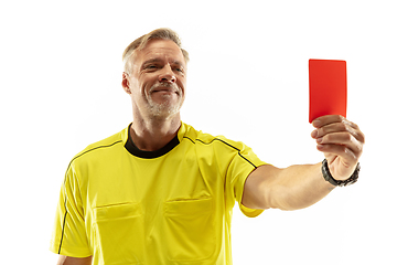 Image showing Football referee showing a red card to a displeased player isolated on white background