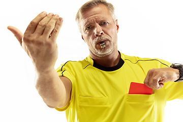 Image showing Football referee showing a red card to a displeased player isolated on white background