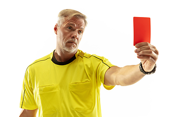 Image showing Football referee showing a red card to a displeased player isolated on white background