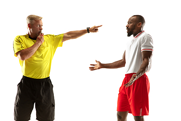 Image showing Football referee gives directions with gestures to players isolated on white background