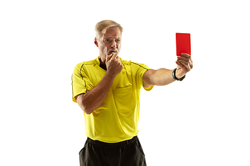 Image showing Football referee showing a red card to a displeased player isolated on white background