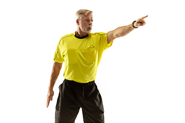 Image showing Football referee gives directions with gestures to players isolated on white background