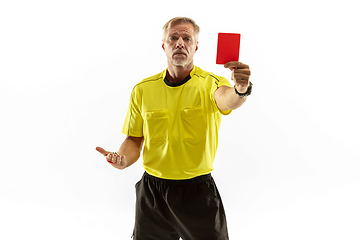 Image showing Football referee showing a red card to a displeased player isolated on white background