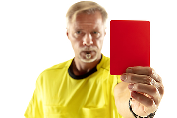 Image showing Football referee showing a red card to a displeased player isolated on white background