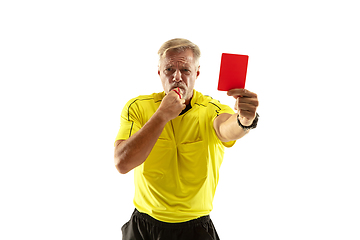 Image showing Football referee showing a red card to a displeased player isolated on white background