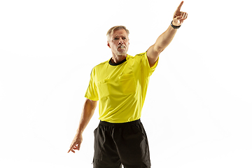 Image showing Football referee gives directions with gestures to players isolated on white background