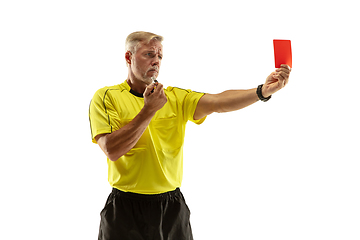 Image showing Football referee showing a red card to a displeased player isolated on white background