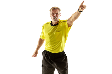 Image showing Football referee gives directions with gestures to players isolated on white background