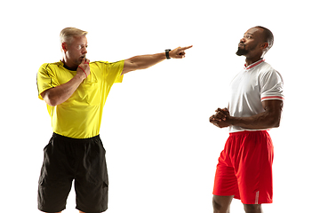 Image showing Football referee gives directions with gestures to players isolated on white background