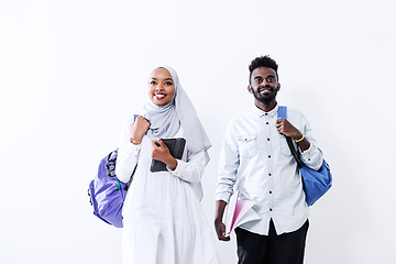 Image showing african students couple walking