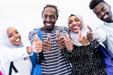 Image showing african students group showing ok thumbs up