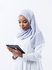 Image showing african business woman using tablet computer