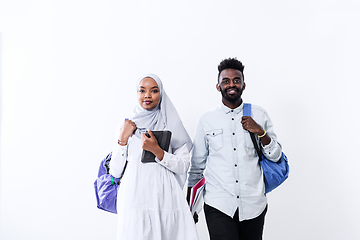Image showing african students couple walking