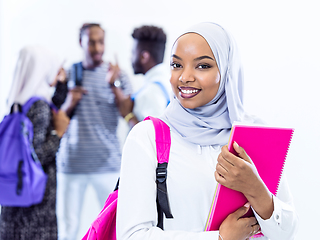 Image showing portrait of african female student with group of friends