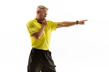 Image showing Football referee gives directions with gestures to players isolated on white background