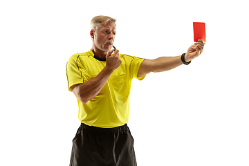 Image showing Football referee showing a red card to a displeased player isolated on white background