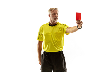 Image showing Football referee showing a red card to a displeased player isolated on white background