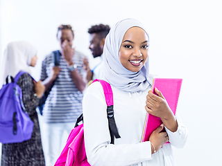 Image showing portrait of african female student with group of friends