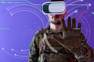 Image showing soldier using  virtual reality headset purple background