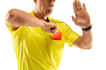 Image showing Football referee showing a red card to a displeased player isolated on white background