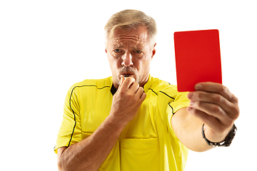 Image showing Football referee showing a red card to a displeased player isolated on white background