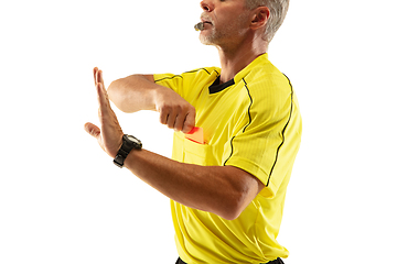 Image showing Football referee showing a red card to a displeased player isolated on white background