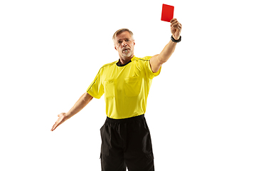 Image showing Football referee showing a red card to a displeased player isolated on white background