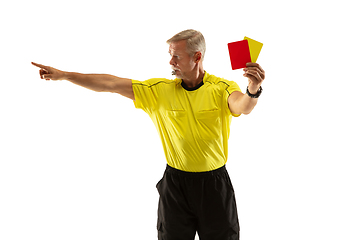 Image showing Football referee showing a red card to a displeased player isolated on white background