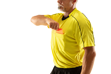 Image showing Football referee showing a red card to a displeased player isolated on white background