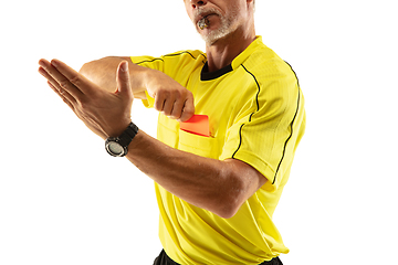 Image showing Football referee showing a red card to a displeased player isolated on white background