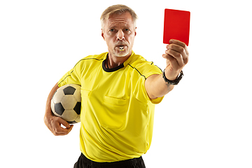 Image showing Football referee showing a red card to a displeased player isolated on white background